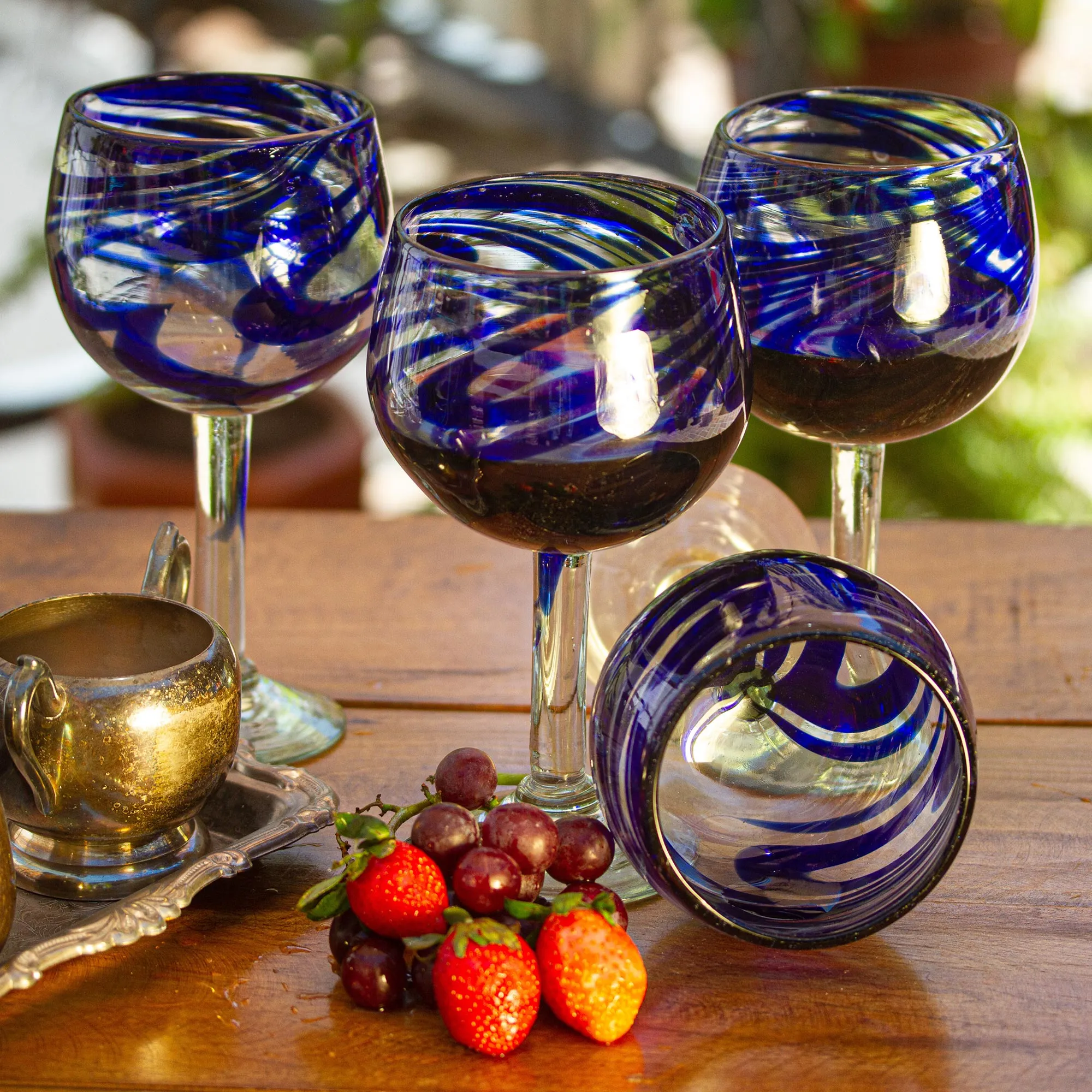 Blue Ribbon Handblown Recycled Glass Striped Wine Goblets Set of 6