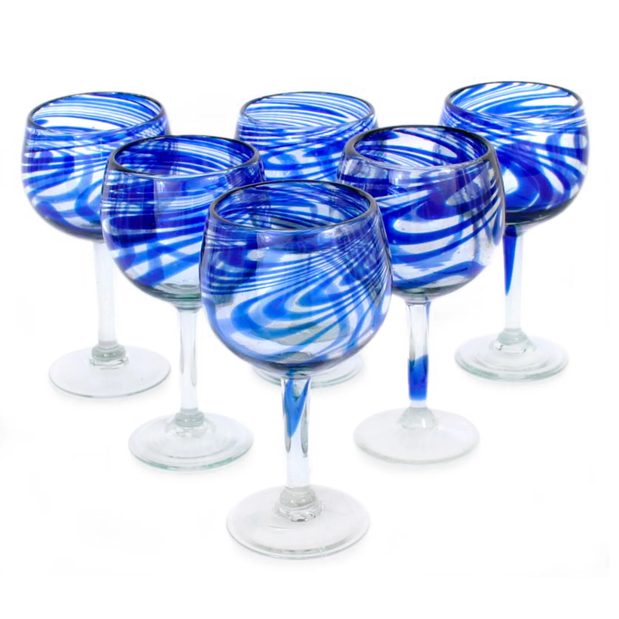 Blue Ribbon Handblown Recycled Glass Striped Wine Goblets Set of 6