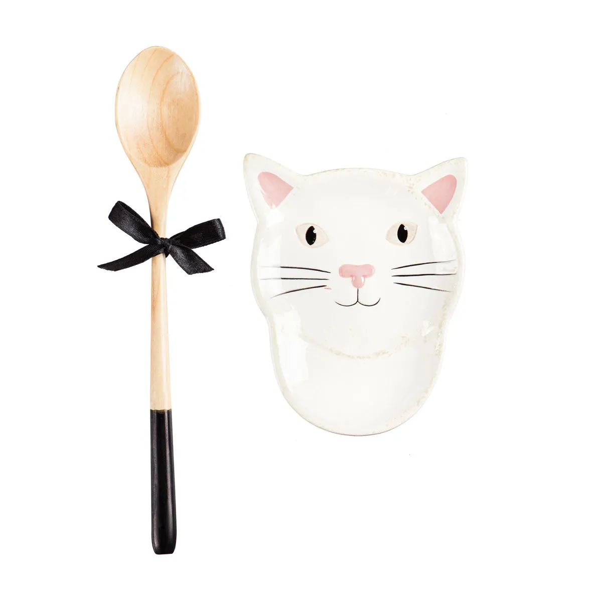 Ceramic Cat Spoon Rest with Wooden Spoon