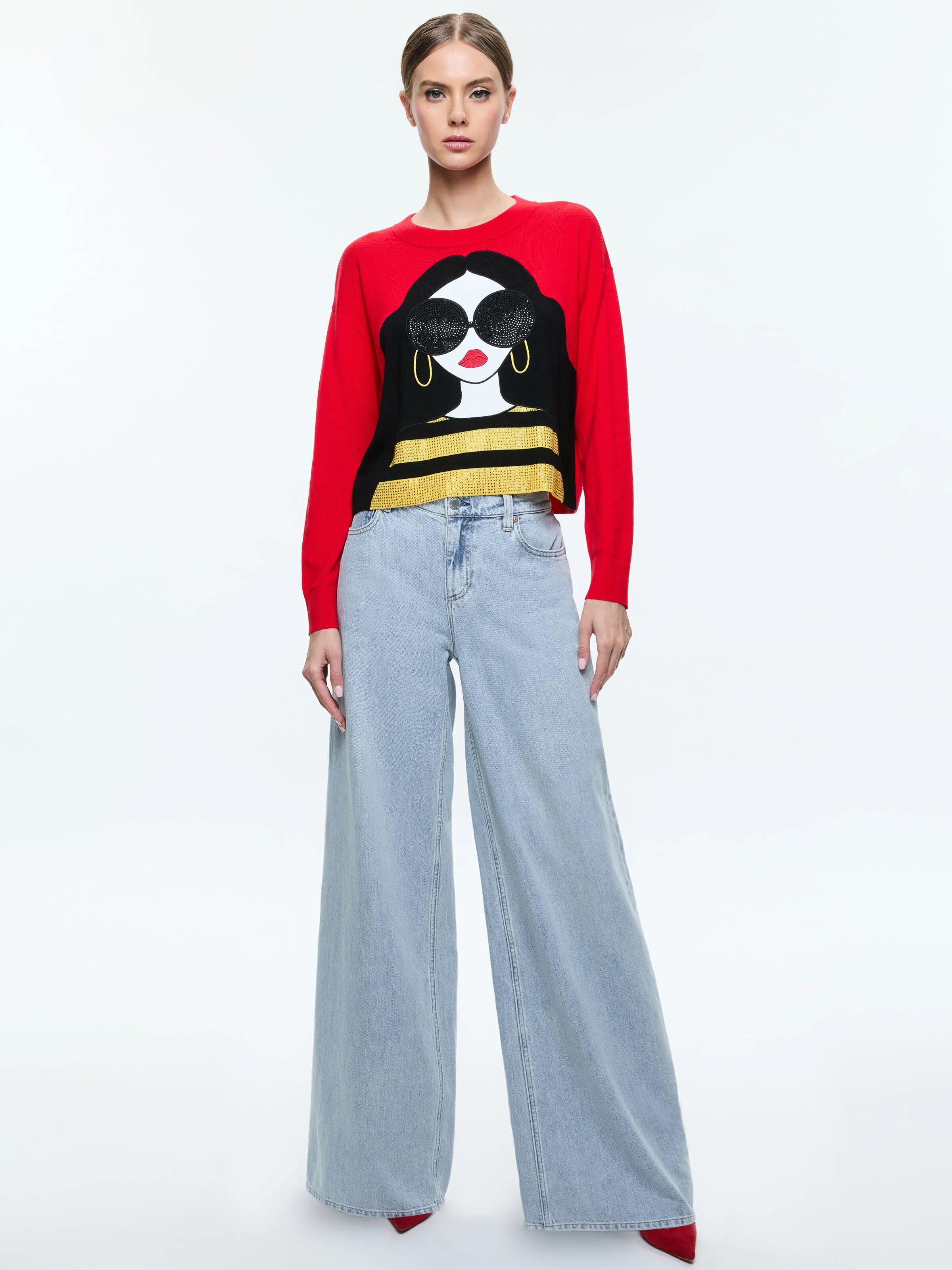 GLEESON APPLIQUE STACEFACE BOXY LONG SLEEVE PULLOVER