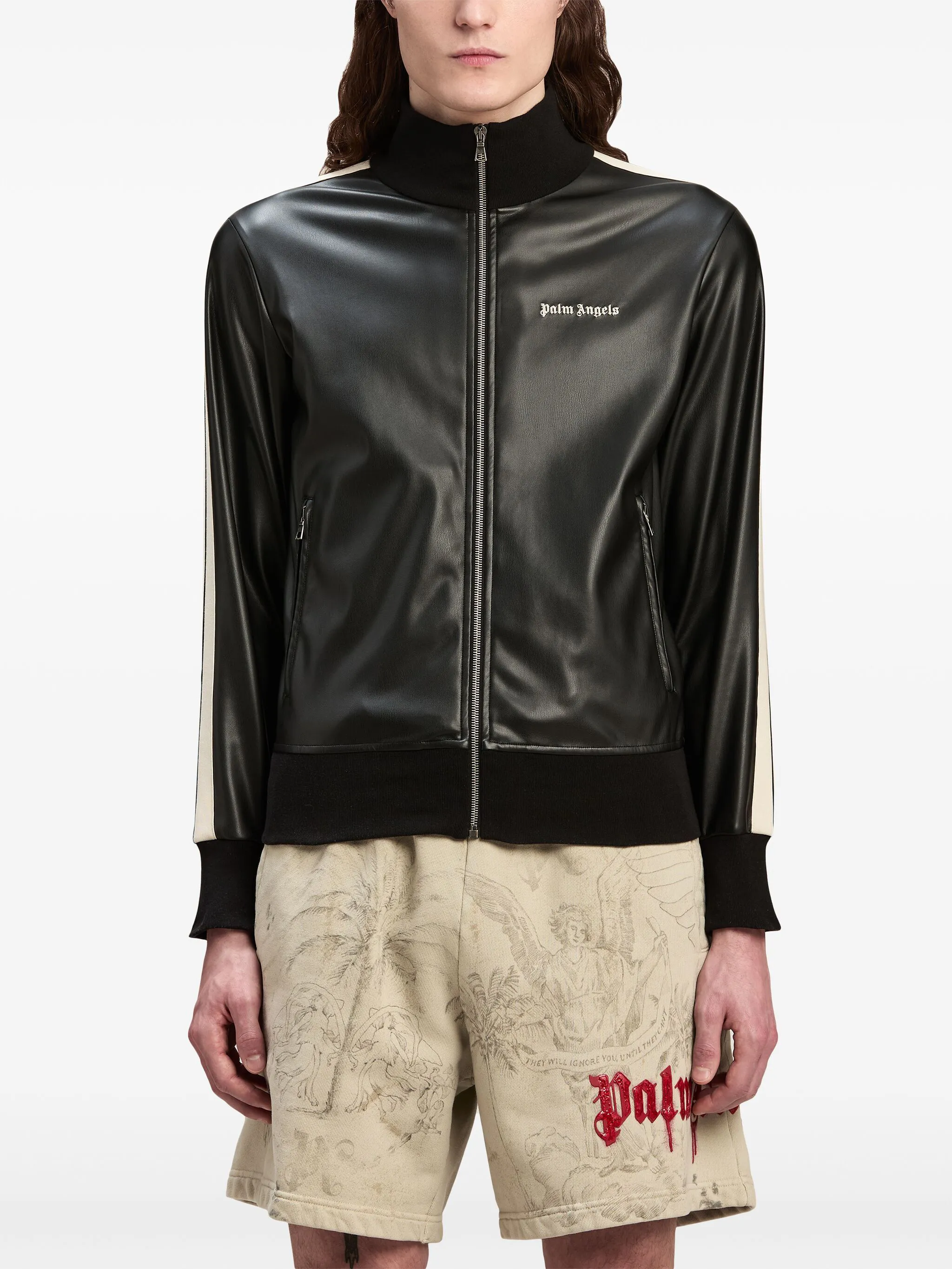 Leather effect logo-embroidered zip-up jacket