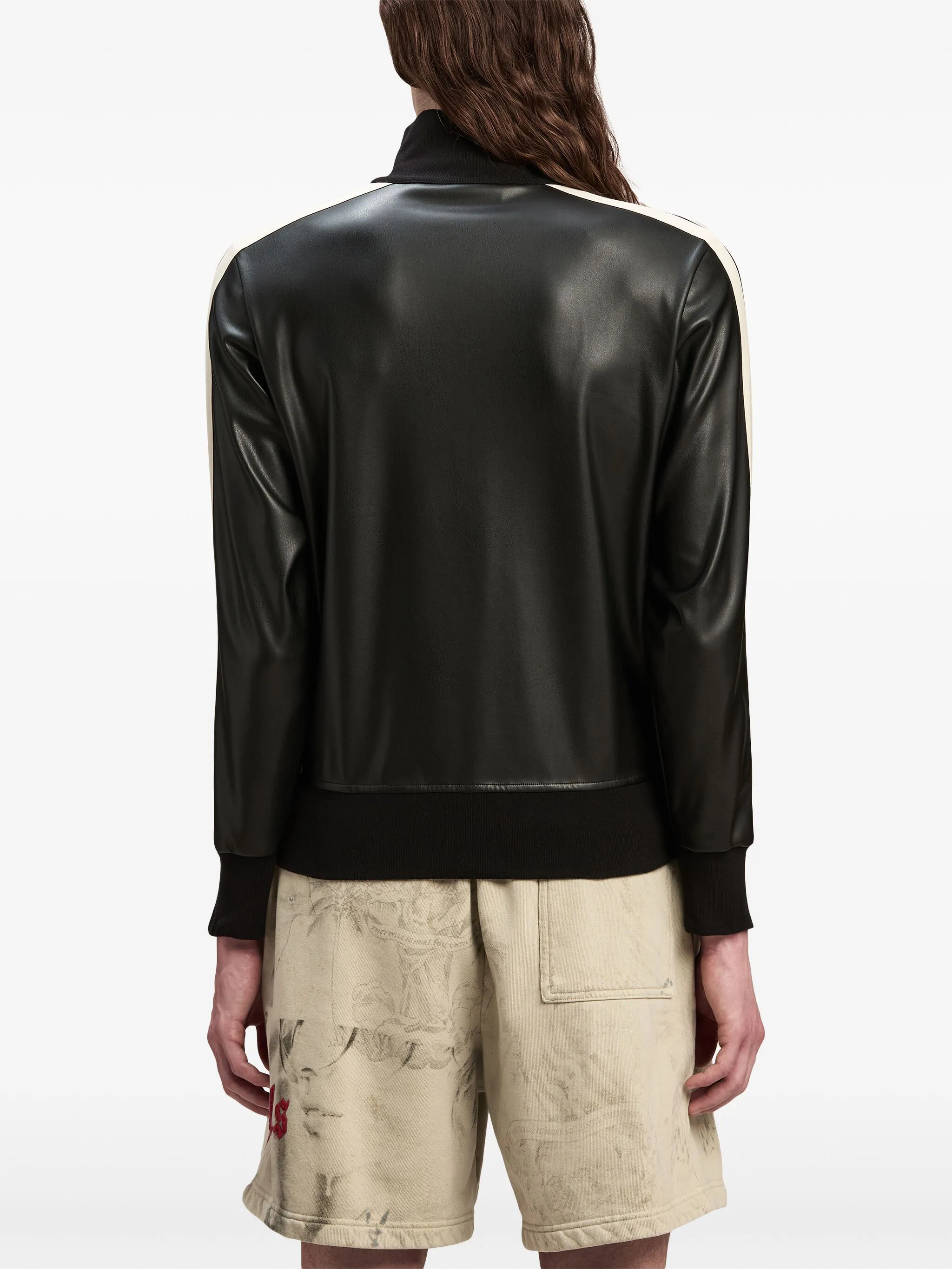 Leather effect logo-embroidered zip-up jacket