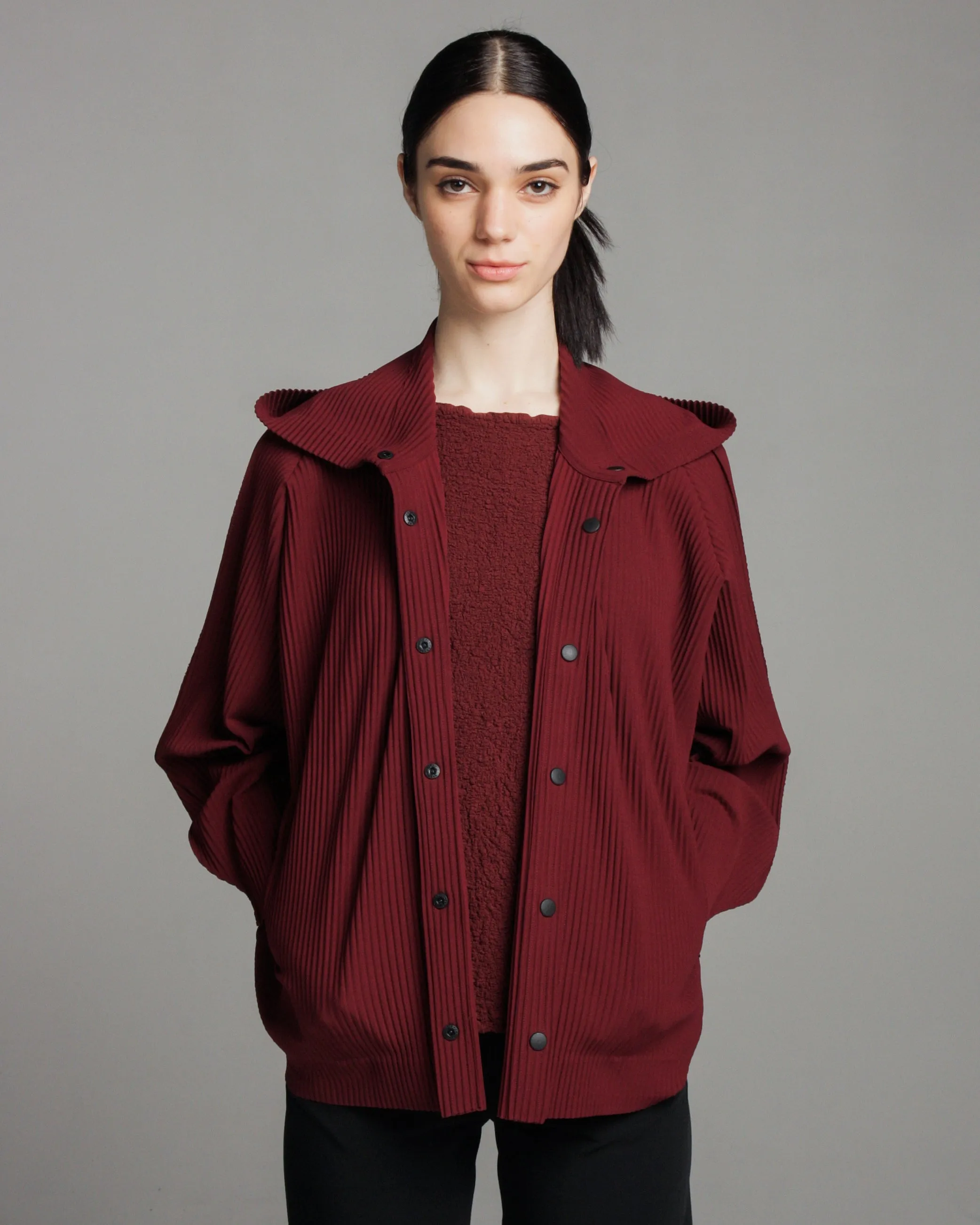 Maroon Fine Knit Pleated Hooded Jacket