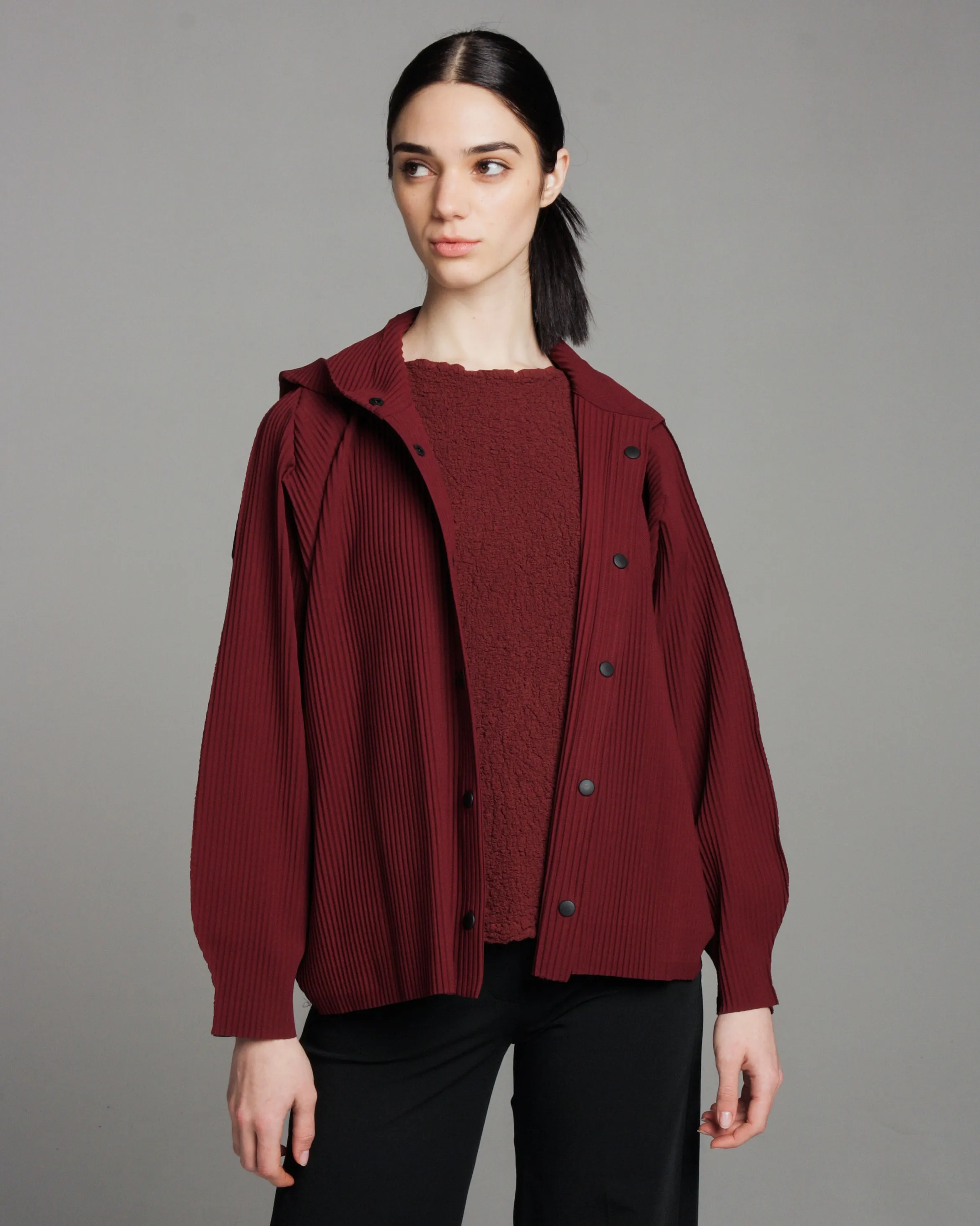 Maroon Fine Knit Pleated Hooded Jacket