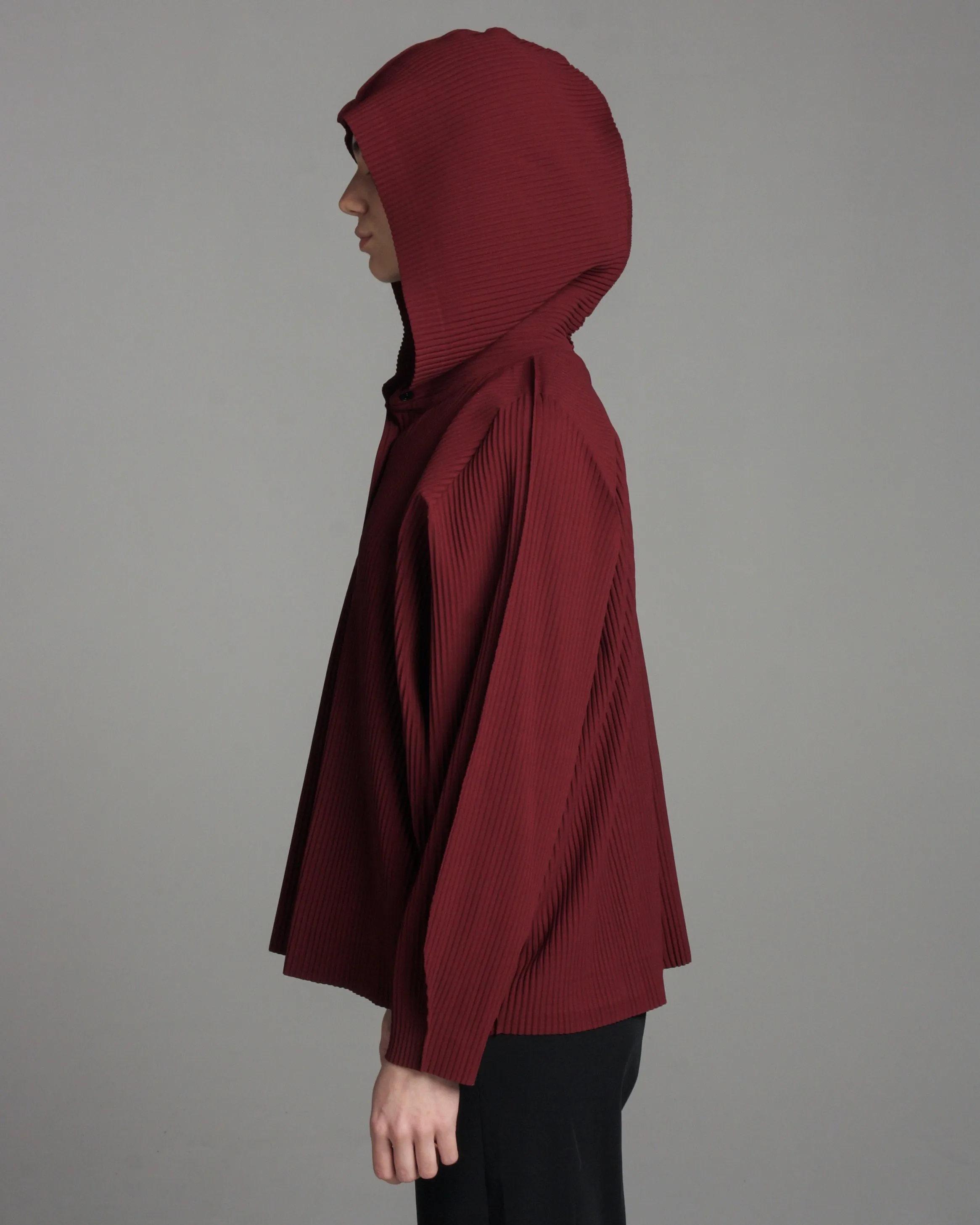 Maroon Fine Knit Pleated Hooded Jacket