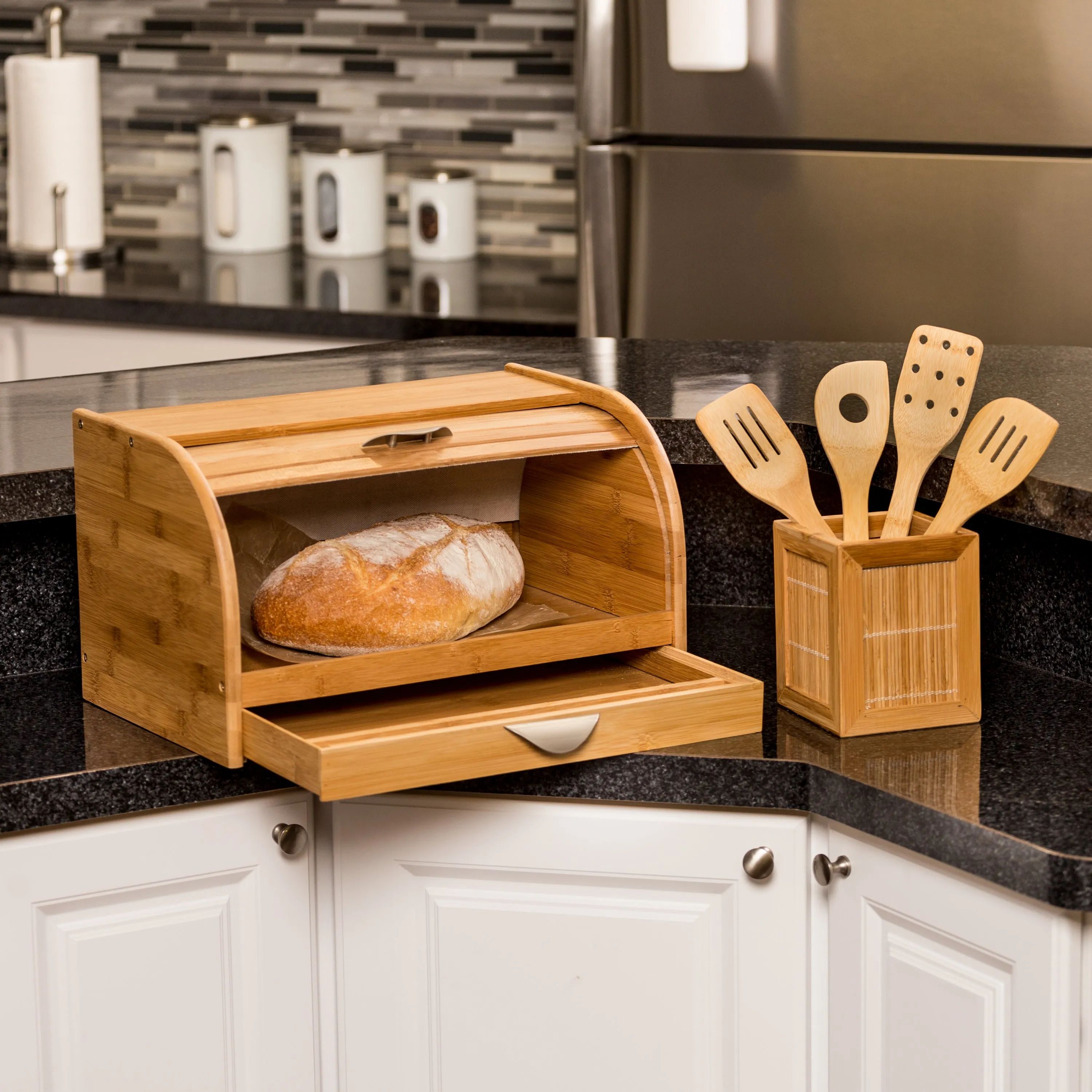 Natural Bamboo Bread Box with Cutting Board