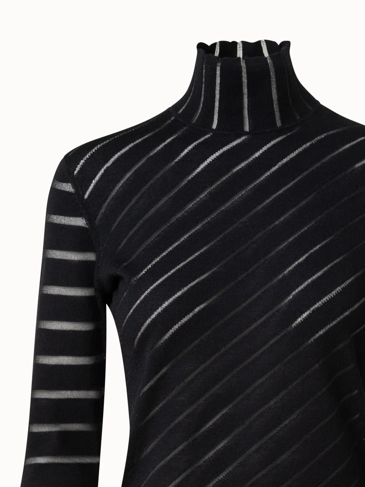 Silk Stretch Knit Pullover with Transparent Diagonal Stripes