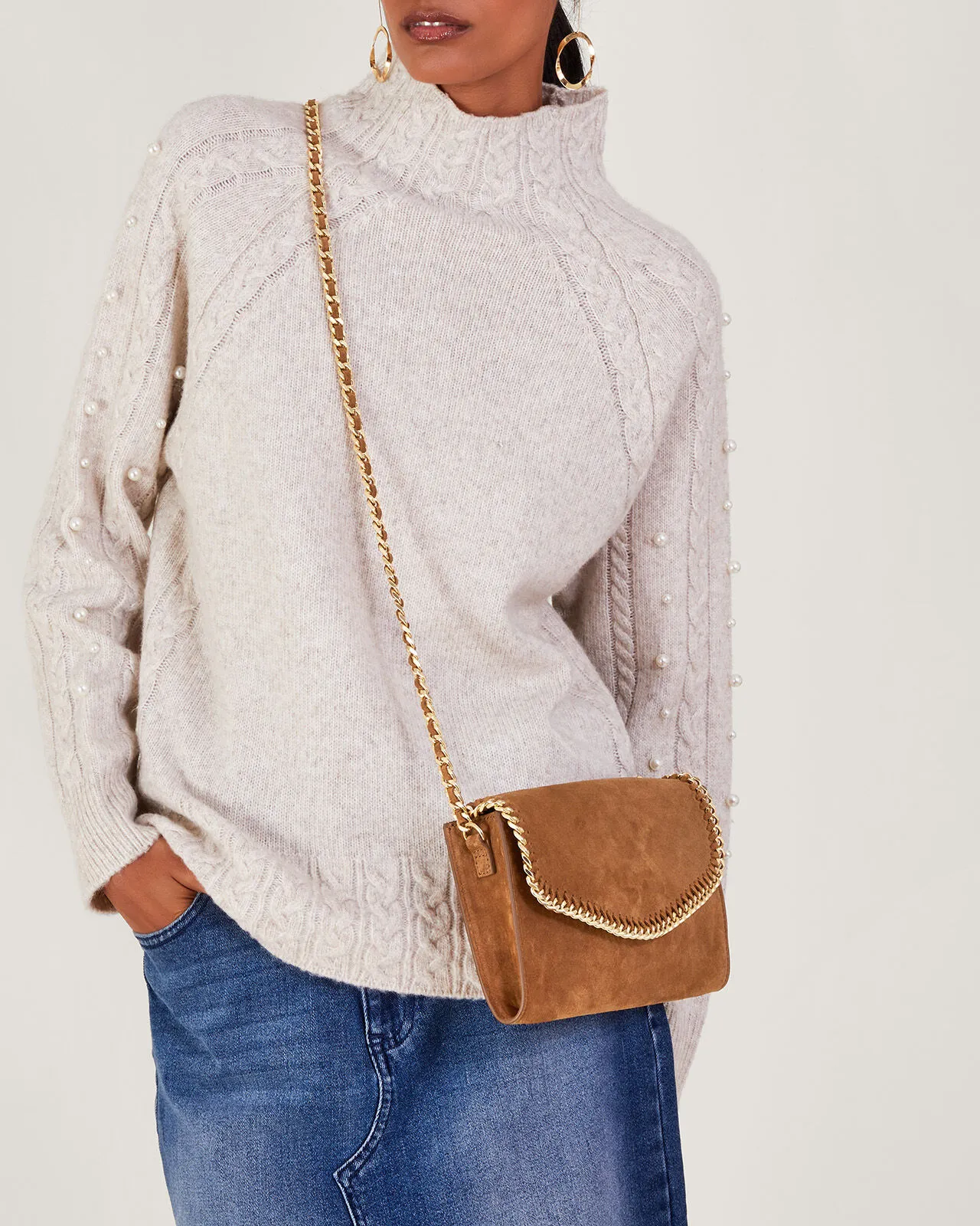 Suede Chain Cross-Body Bag Tan