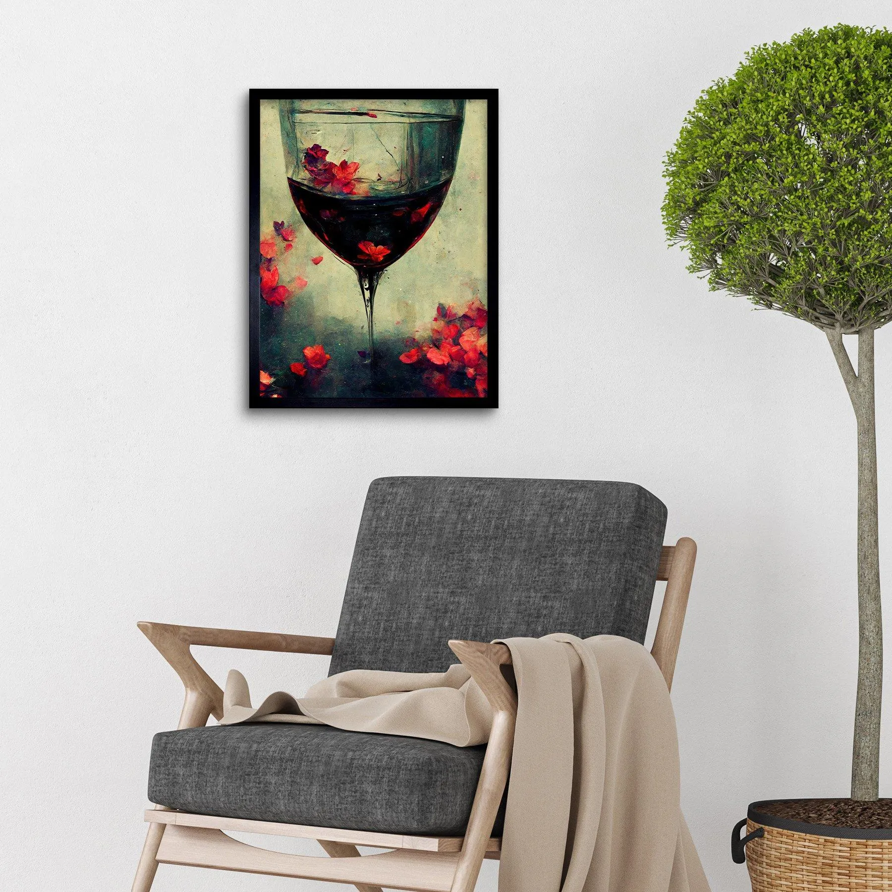 Wall Art & Pictures | Wall Art Print Red Wine Glass And Pink Flowers Watercolour Art Framed | Artery8