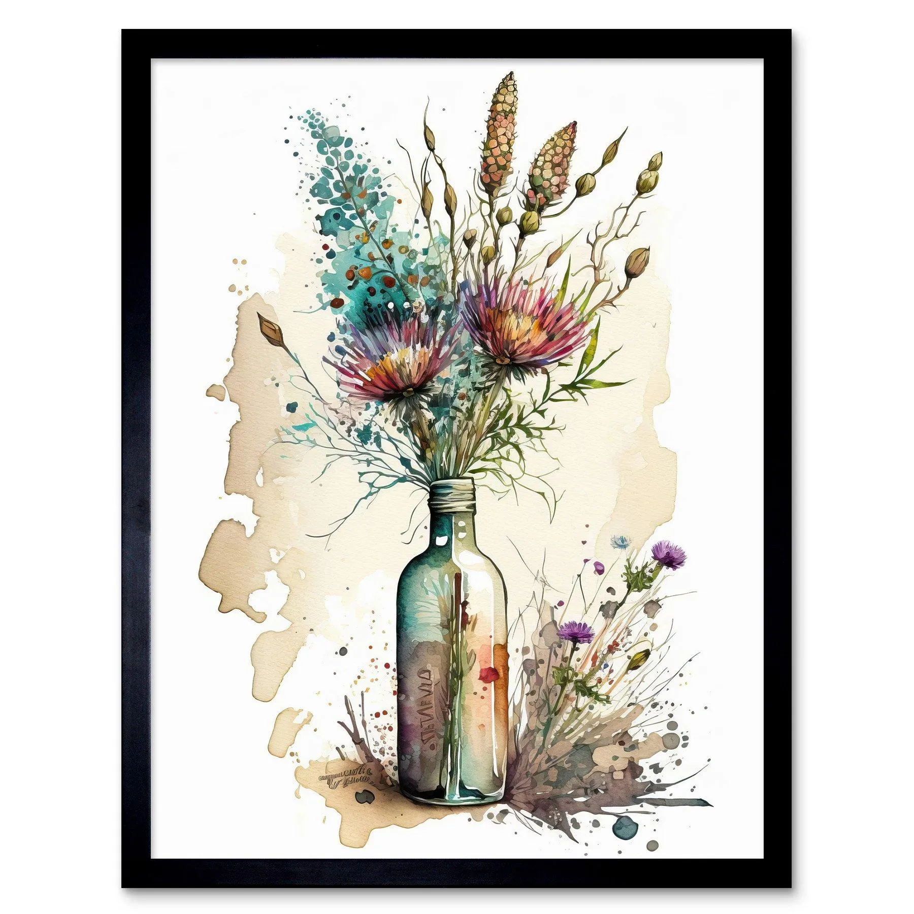 Wall Art & Pictures | Wall Art Print Spring Flower Bouquet In Glass Wine Bottle Vase Art Framed | Artery8