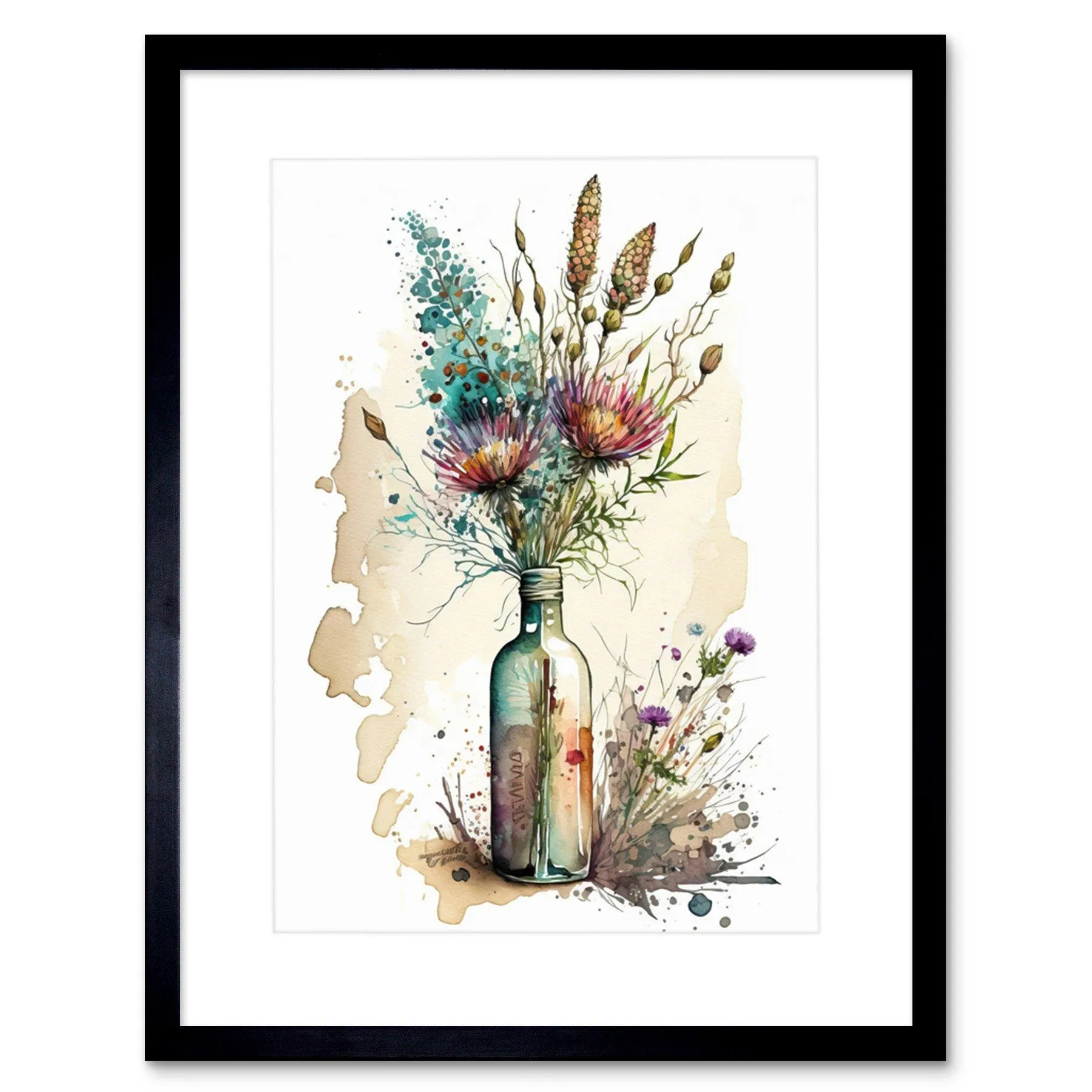 Wall Art & Pictures | Wall Art Print Spring Flower Bouquet In Glass Wine Bottle Vase Artwork Framed 9X7 Inch | Artery8