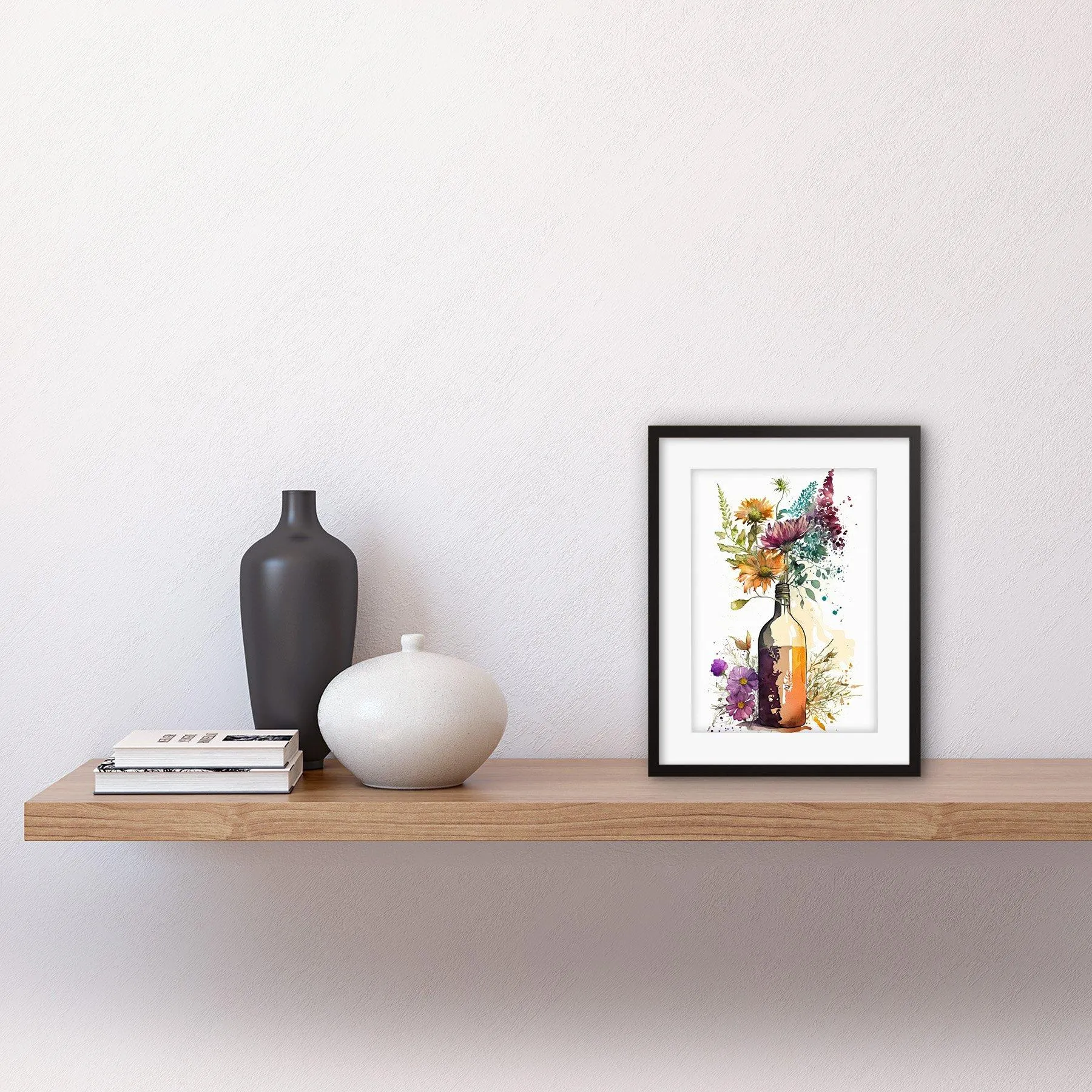 Wall Art & Pictures | Wall Art Print Spring Wildflower Bouquet in a Glass Wine Bottle Artwork Framed 9X7 Inch | Artery8