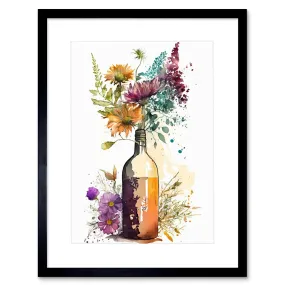 Wall Art & Pictures | Wall Art Print Spring Wildflower Bouquet in a Glass Wine Bottle Artwork Framed 9X7 Inch | Artery8