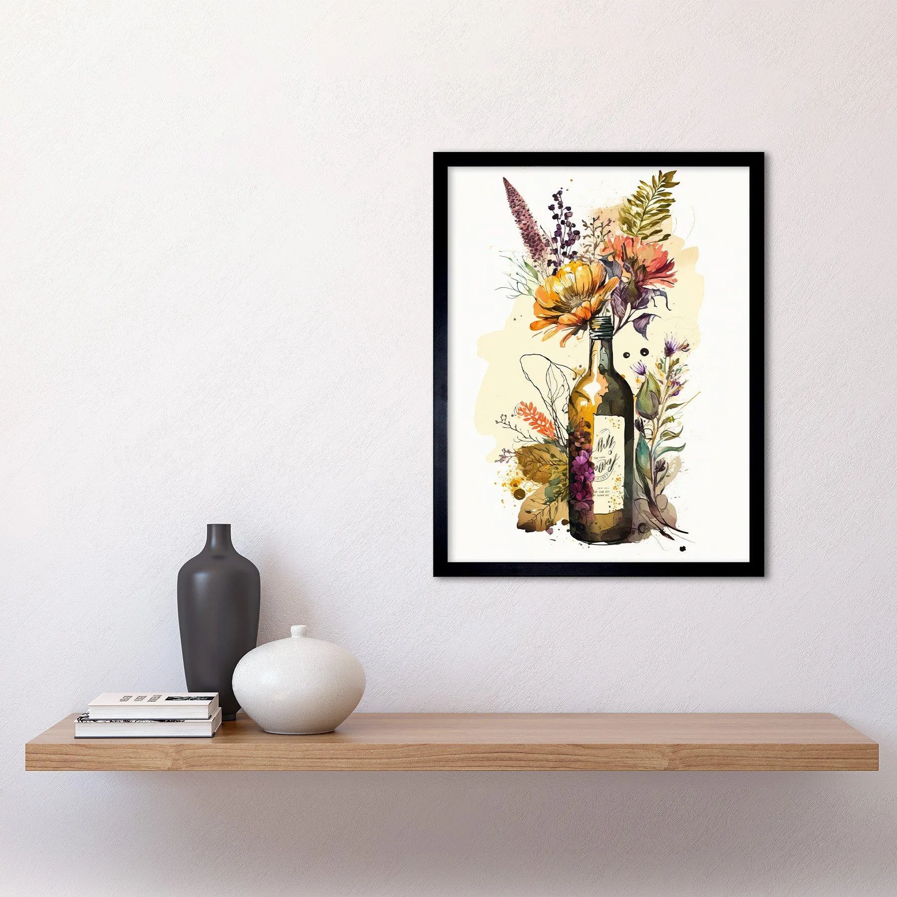 Wall Art & Pictures | Wall Art Print Wildflower Bouquet in Upcycled Glass Wine Bottle Art Framed | Artery8