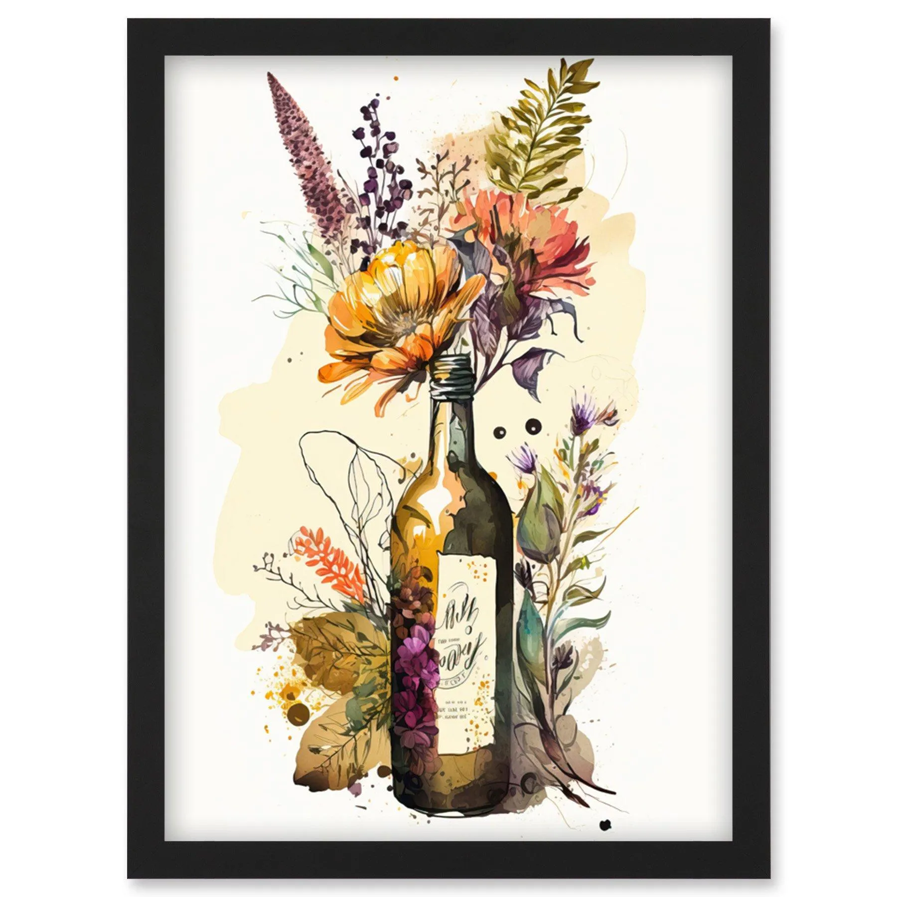 Wall Art & Pictures | Wildflower Bouquet in Upcycled Glass Wine Bottle Artwork Framed Wall Art Print A4 | Artery8