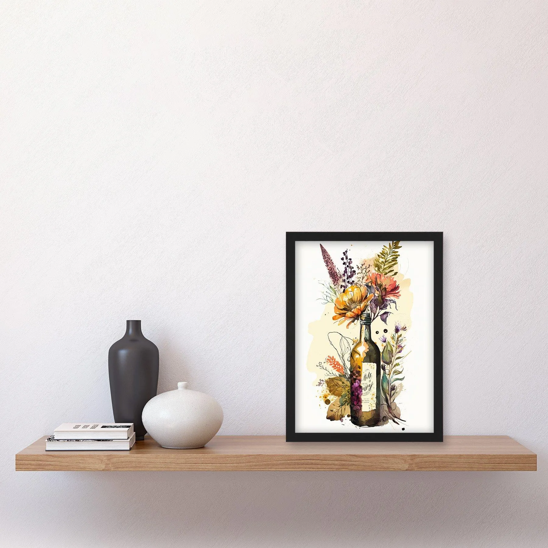 Wall Art & Pictures | Wildflower Bouquet in Upcycled Glass Wine Bottle Artwork Framed Wall Art Print A4 | Artery8