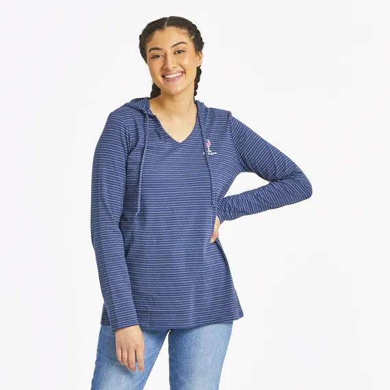 Women's Wine Glass L/S Striped Crusher-LITE Hooded Tee - Darkest Blue - 122330