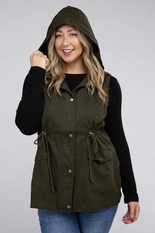 ZENANA Plus Drawstring Waist Military Hoodie Vest