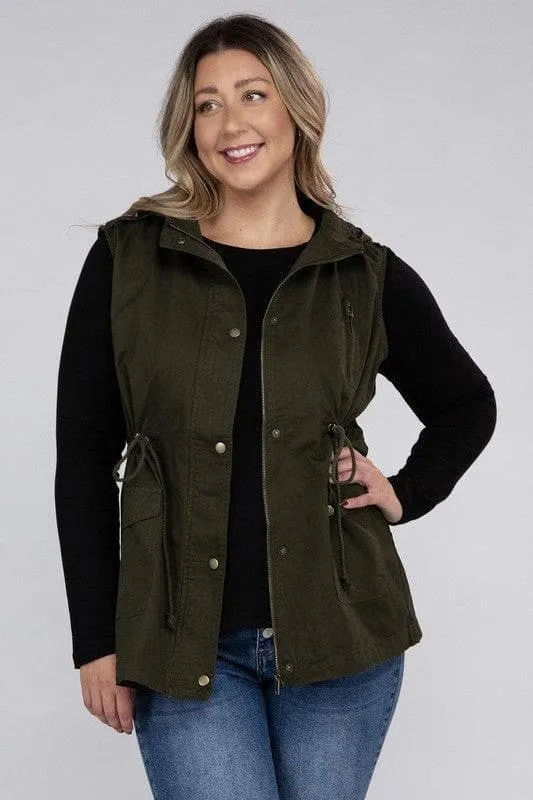 ZENANA Plus Drawstring Waist Military Hoodie Vest