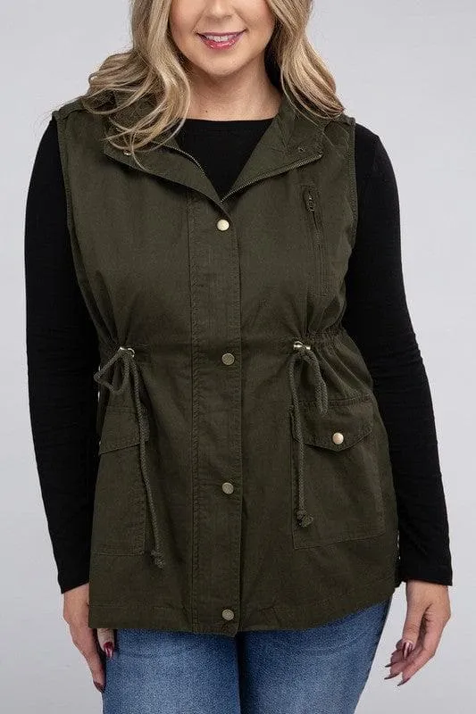 ZENANA Plus Drawstring Waist Military Hoodie Vest